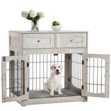 Dog Crate Furniture with Double Drawers, Wooden End Table Dog Kennel, Furniture Style Wood House Crate for Small/Medium/Large Dogs, Decorative Dog Crate with Storage for Large Breed, 32 Inch,Gray IDEALHOUSE
