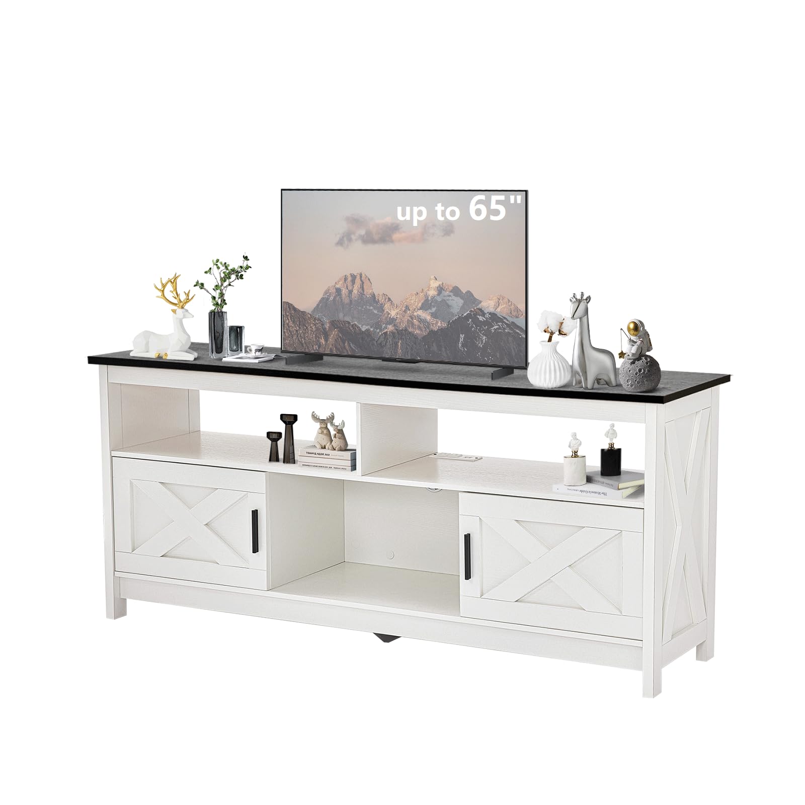 Rustic White Farmhouse TV Stand, Entertainment Center with Power Outlets for TVs up to 65 Inch, Mid Century Modern TV Cabinet, Media Console Table for Living Room, Farmhouse TV Console (Black - WoodArtSupply