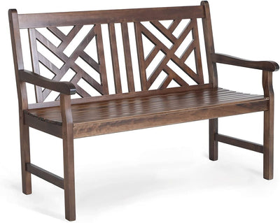 MFSTUDIO 2-Person Outdoor Acacia Wood Garden Bench with Backrest and Armrests, Durable Slatted Seat for Patio, Porch, and Yard - Brown