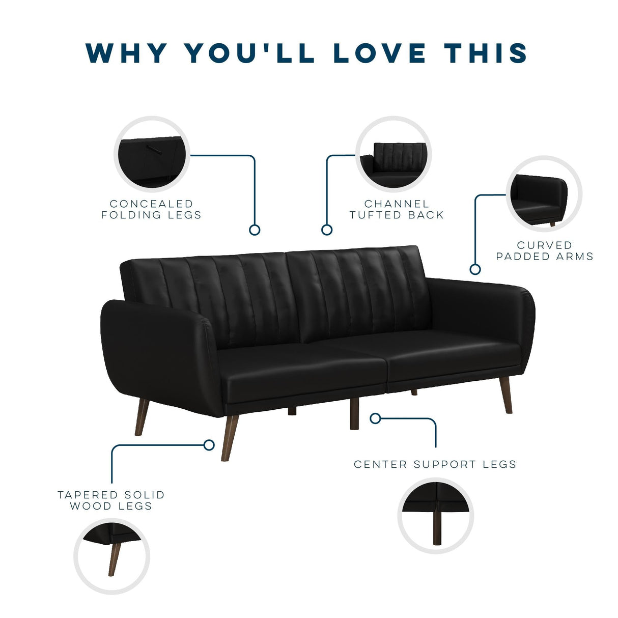 Novogratz Brittany 82 Inch Futon Sofa Bed in Faux Leather, Upholstered Couch Sleeper with Tufted Back, Mid-Century Modern, Black Novogratz