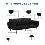 Novogratz Brittany 82 Inch Futon Sofa Bed in Faux Leather, Upholstered Couch Sleeper with Tufted Back, Mid-Century Modern, Black Novogratz