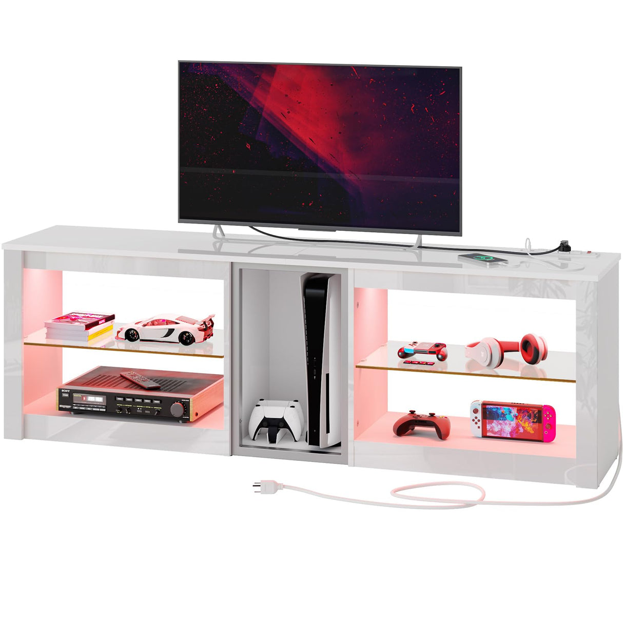 Bestier High Gloss TV Stand for 70 inch TV with Power Outlets, LED Entertainment Center for PS5, Gaming TV Consoles with Glass Shelves for Living Room, 63'' Inch, Bright White Bestier