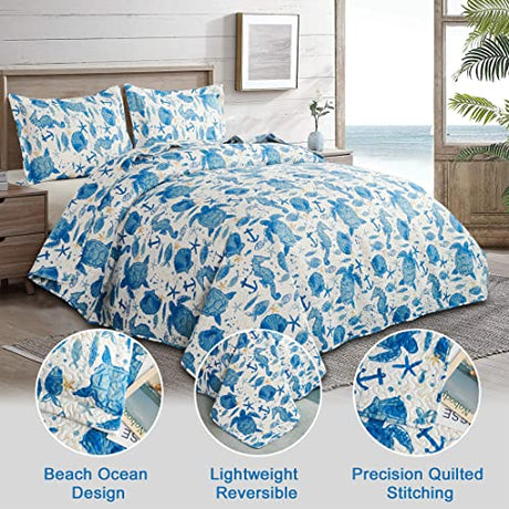 Coastal Beach Quilt Set - Queen Size Ocean Bedding Reversible Quilt Sea Turtle Blue Jessy Home