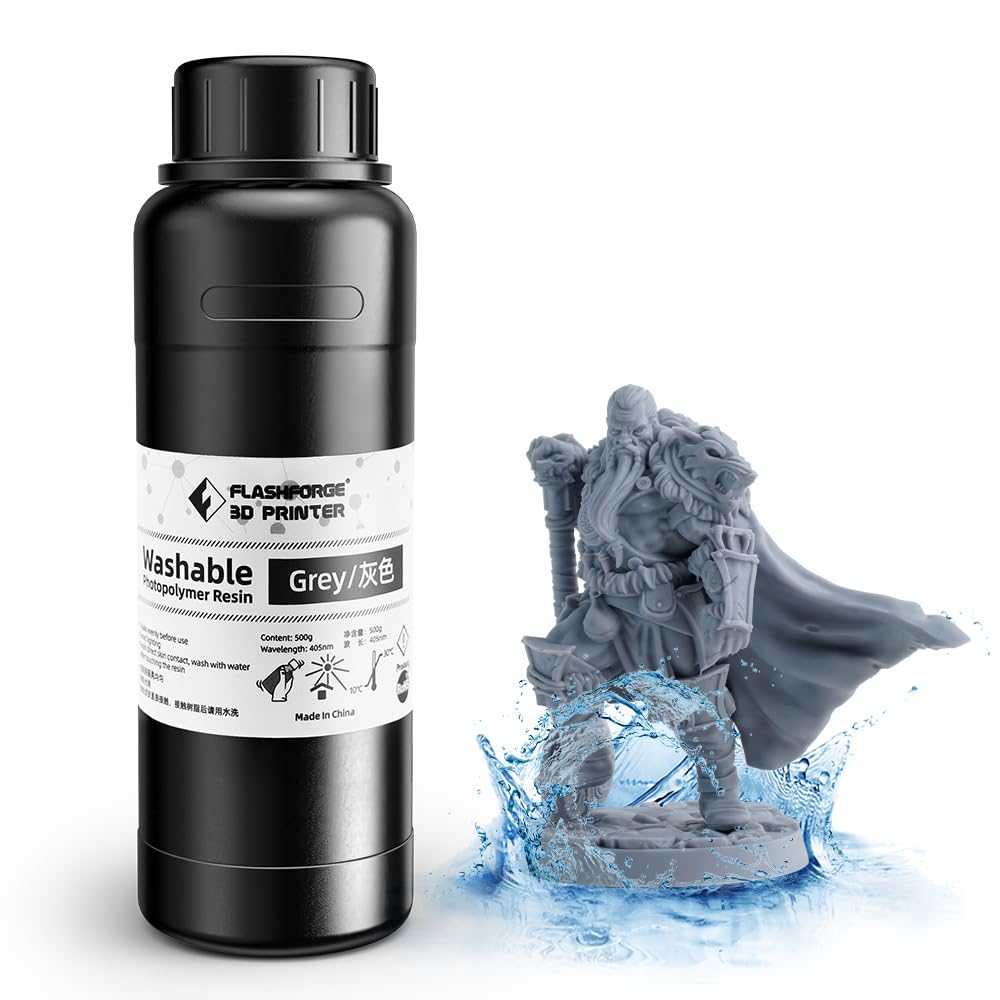 FLASHFORGE Water Washable Resin, 3D Printer Resin with Low Viscosity and Fast Printing, 405nm High Precision UV-Curing 3D Resin for LCD/DLP/SLA Resin 3D Printer (Grey, 500G)