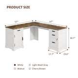 Whalefall Farmhouse L Shaped Desk with Drawers, 67 Inch Executive Home Office Desk with File Cabinet, Computer Corner Desk with Charging Station, White Whalefall