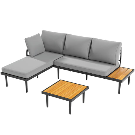 Devoko Outdoor Sectional Furniture Patio Sectional Sofa with Acacia Wood Table, Patio L-Shaped Conversation Set with All-Weather Cushion for Patio,Garden,Backyard(Gray) Devoko