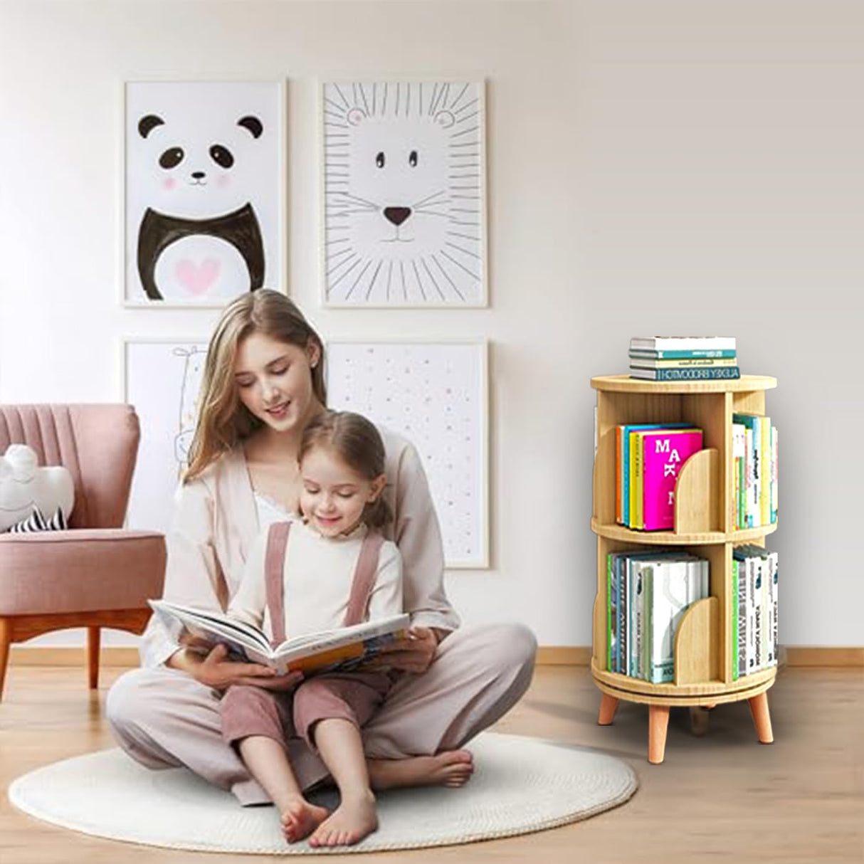 PrimeNex Rotating Bookshelf Tower 360° Display Bookcase, 2 Tier Floor Standing Book Shelf Storage Rack for Kids&Adult, Solid Wood Small Corner Bookshelf Organizer for Bedroom, Living Room, Natural PrimeNex