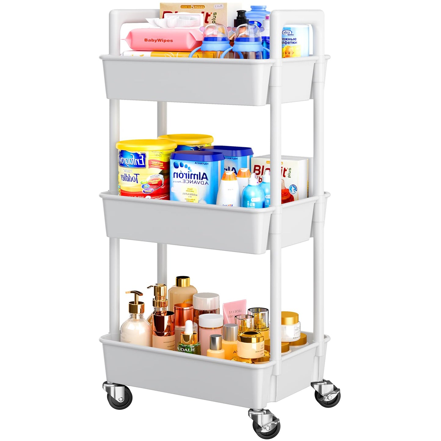 Pipishell 3 Tier Rolling Cart Organizer, Plastic Rolling Cart with Lockable Wheels & Reinforced Handle, Lightweight Utility Cart Storage Cart for Nursery, Kitchen, Bathroom, Craft Room, White - WoodArtSupply