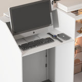 TAMUNE L-Shape Reception Desk with Lights, Front Counter Table with Glass Shelves, Reception Room Table, Counter Desk for Retail Checkout, Lobby Salon Store, White, 39.4”D x 47.2”W x 40.6”H TAMUNE