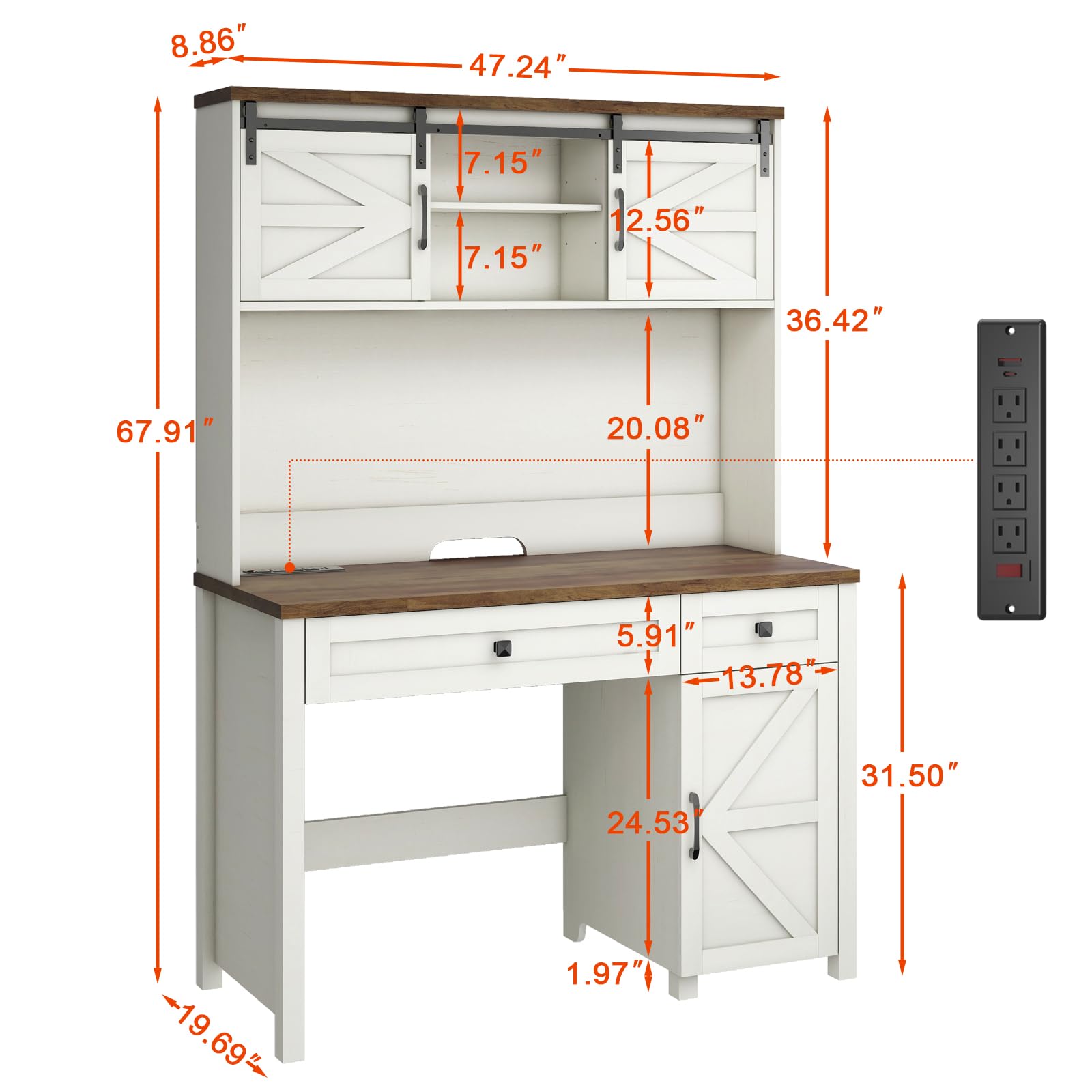 Befrases Farmhouse 47" Executive Desk, White Computer Desk with 2 Drawers and Storage Cabinet, Home Office Desk with Hutch, Charging Hub, Workspace for Work and Study. - WoodArtSupply