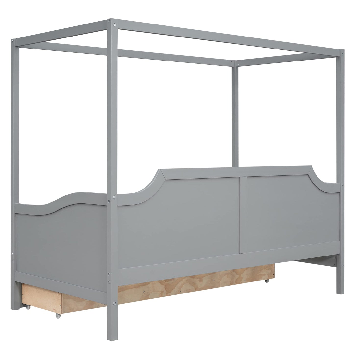 Twin Size Canopy Bed Frame with 3 Storage Drawers,Wood Canopy Bed Frame,4-Post Canopy Bed Twin Size for Kids,Teens,Adults,Gray