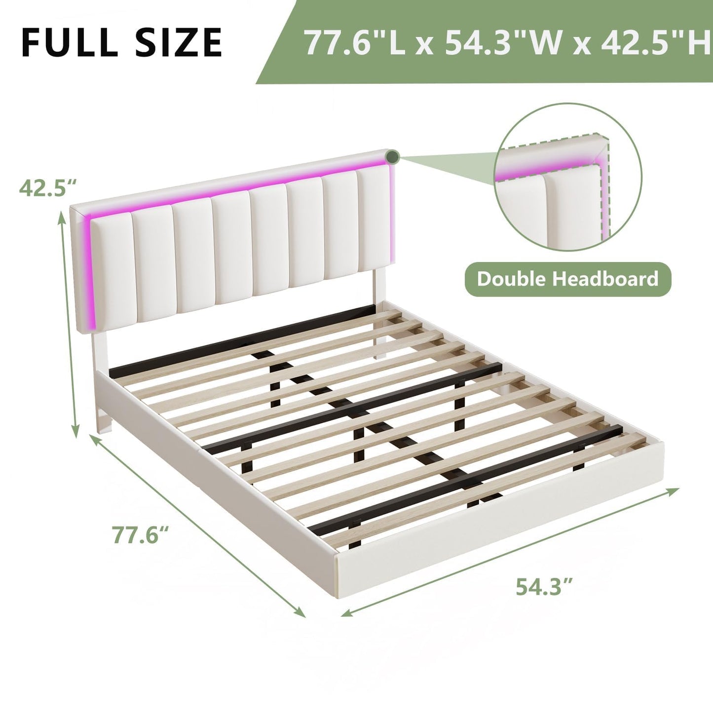 Floating Full Bed Frame with RGB LED Lights and Upholstered Headboard - IMMERSTABLE - WoodArtSupply