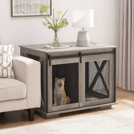 Farmhouse Dog Cage Crate Furniture with Sliding Barn Door HouseOfZazla