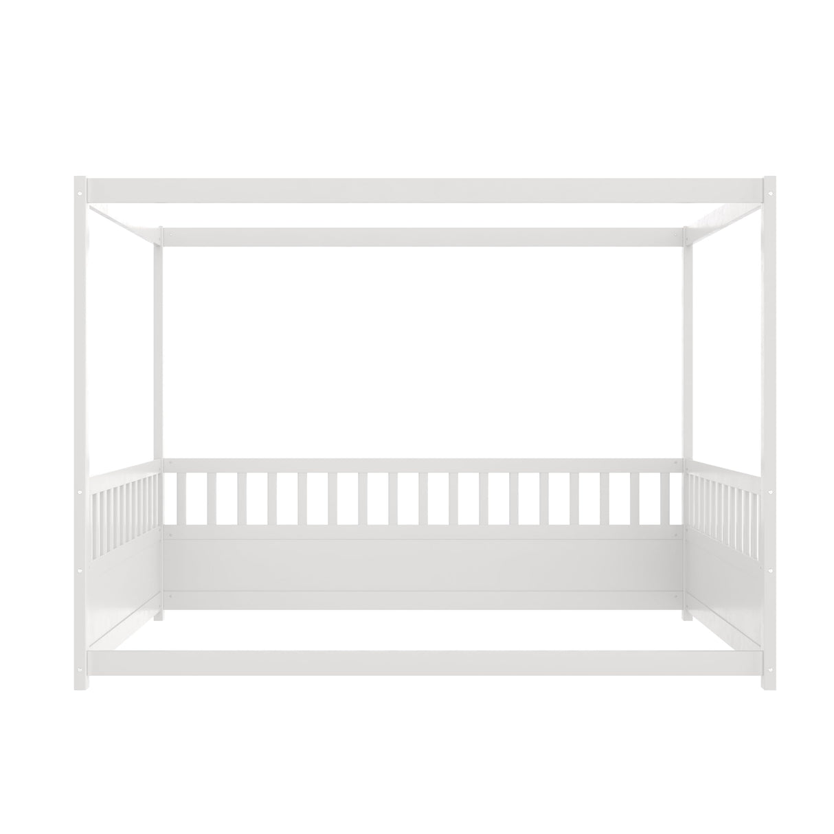 Full Size Canopy Bed Frame with 4 Posters and Guardrails, Full Size Montessori Floor Bed with High Fence, White Montessori Bed Bellemave
