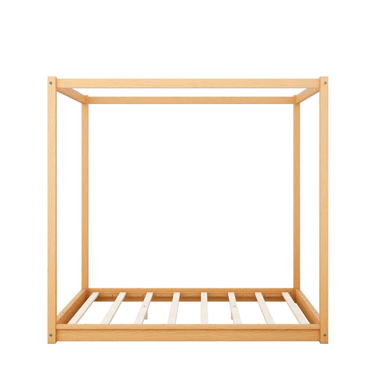Merax Modern Queen Size Wood Canopy Bed Floor Platform Bed Frame/No Box Spring Needed/Easy Assembly, Nutural Merax