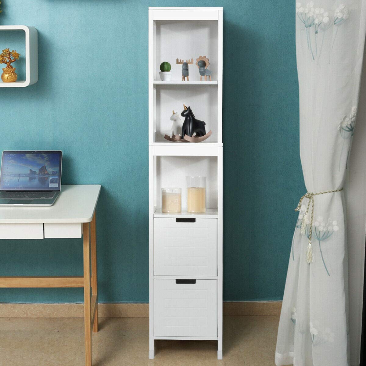 Tangkula White Multifunctional Tall Bathroom Storage Cabinet with 3 Shelves and 2 Drawers Tangkula