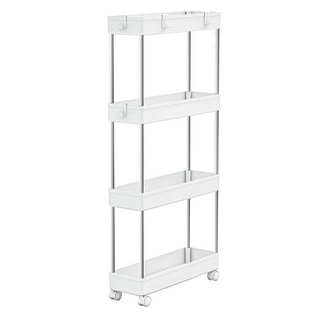 MELDEVO 4 Tier Slim Storage Cart Mobile Shelving Unit Organizer Slide Out Storage Rolling Utility Cart Tower Rack for Kitchen Bathroom Laundry Narrow Places, Plastic & Stainless Steel, White MELDEVO