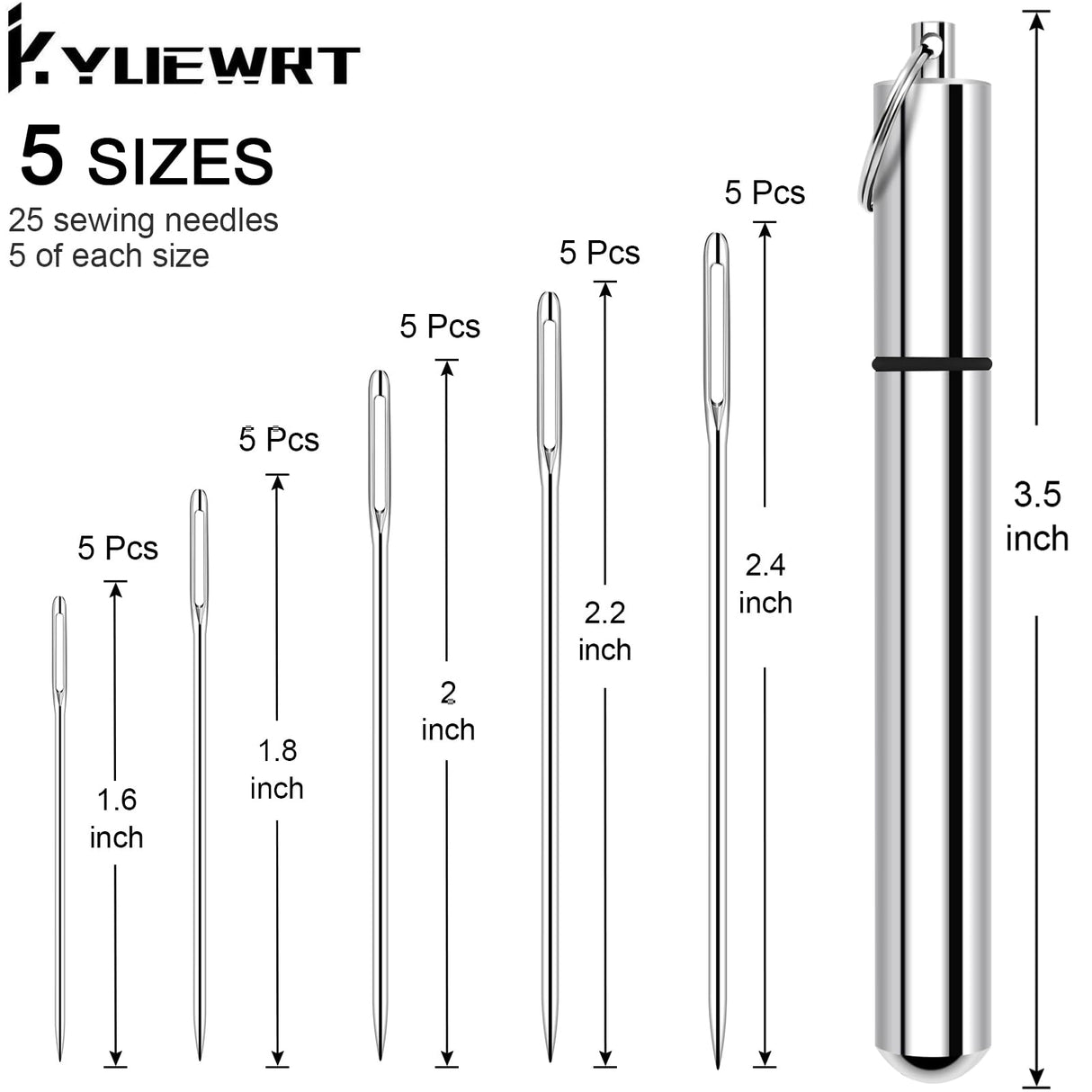 KYUEWRT 25 Large Eye Embroidery Needles, 5 Sizes Big Eye Hand Sewing Needles with Exquisite Aluminum Storage Tub for Stitching, Sewing and Hand-Made Projects KYUEWRT