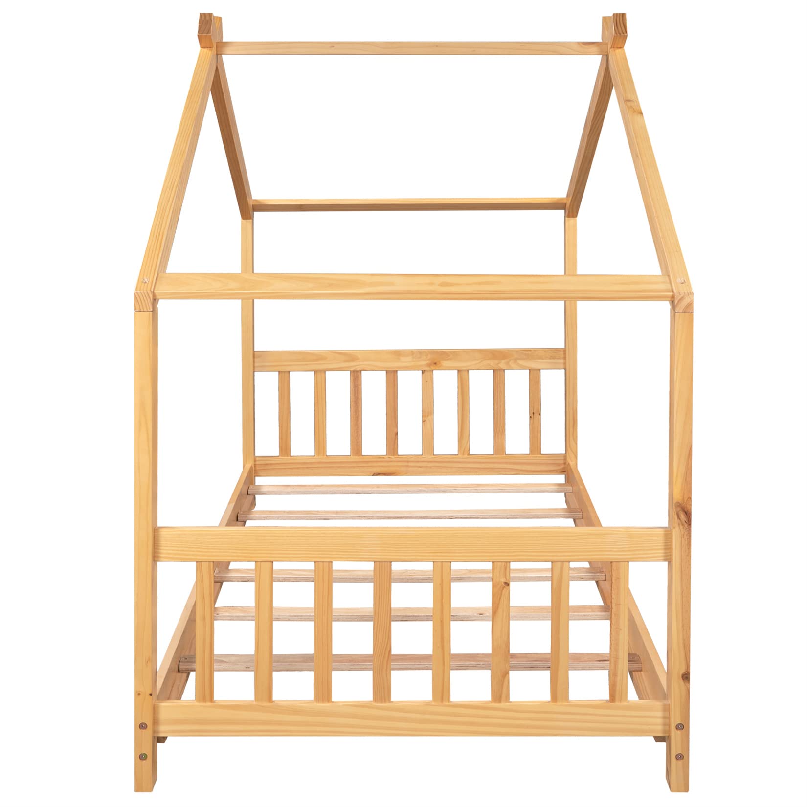 Montessori House Bed Frame in Natural Wood for Kids - Twin Size with Headboard & Footboard - WoodArtSupply