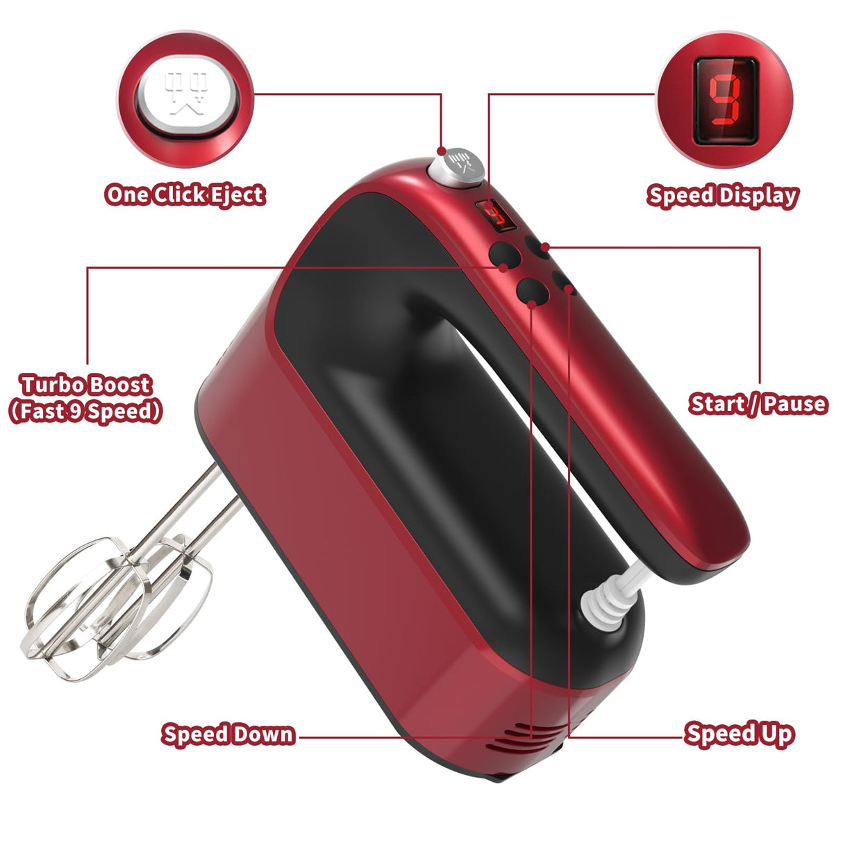 Yomelo 9-Speed Digital Hand Mixer Electric, 400W DC Motor, Hand Mixer electric Handheld with Snap-On Storage Case, Touch Button, Turbo Boost, 5x Stainless Steel Accessories (Red) Yomelo