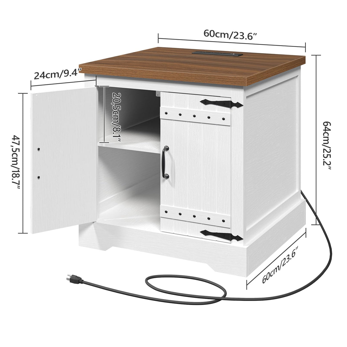 MAHANCRIS Farmhouse End Table with Charging Station, 24" Large Sofa Side Table, Wooded Square White Nightstand, Adjustable Storage Shelf, Rustic Bedside Table for Living Room, Bedroom, Walnut MAHANCRIS