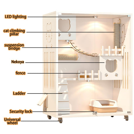 Large Luxury Wood Cat House, Indoor/Outdoor Cat Cage Large Space with Wheels, Multi-Feature Enclosed Cat Condo for Indoor Cats Ventilation Glass Doors, 50" X 36" X 24", White HUATOL