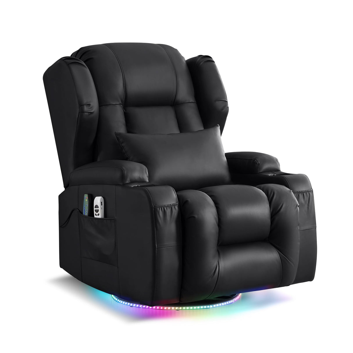 URRED Rocker Recliner Chair for Adults with Vibrating Massage and Heat, 270° Swivel Glider Rocking Chair Nursery Power Reclining Sofa with Ambient Lighting, Cup Holders, Faux Leather, Black URRED