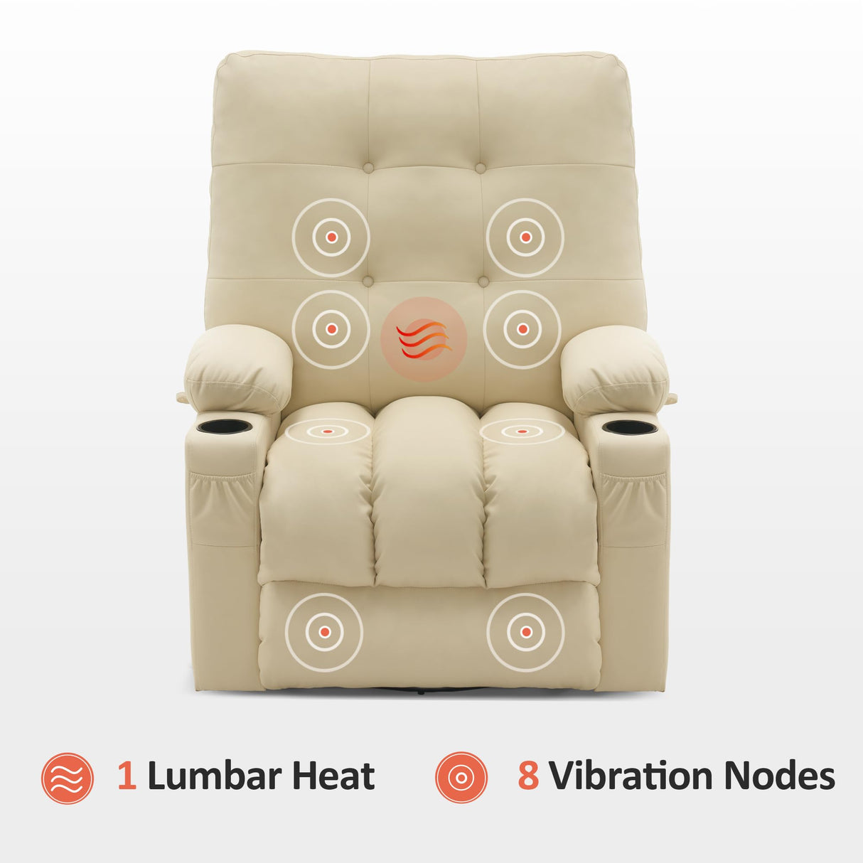 MCombo Large Power Swivel Glider Rocker Recliner Chair with Vibration and Heat for Nursery and USB Ports, Cup Holders and Pockets, Faux Leather 7748 (Cream White, Large) MCombo