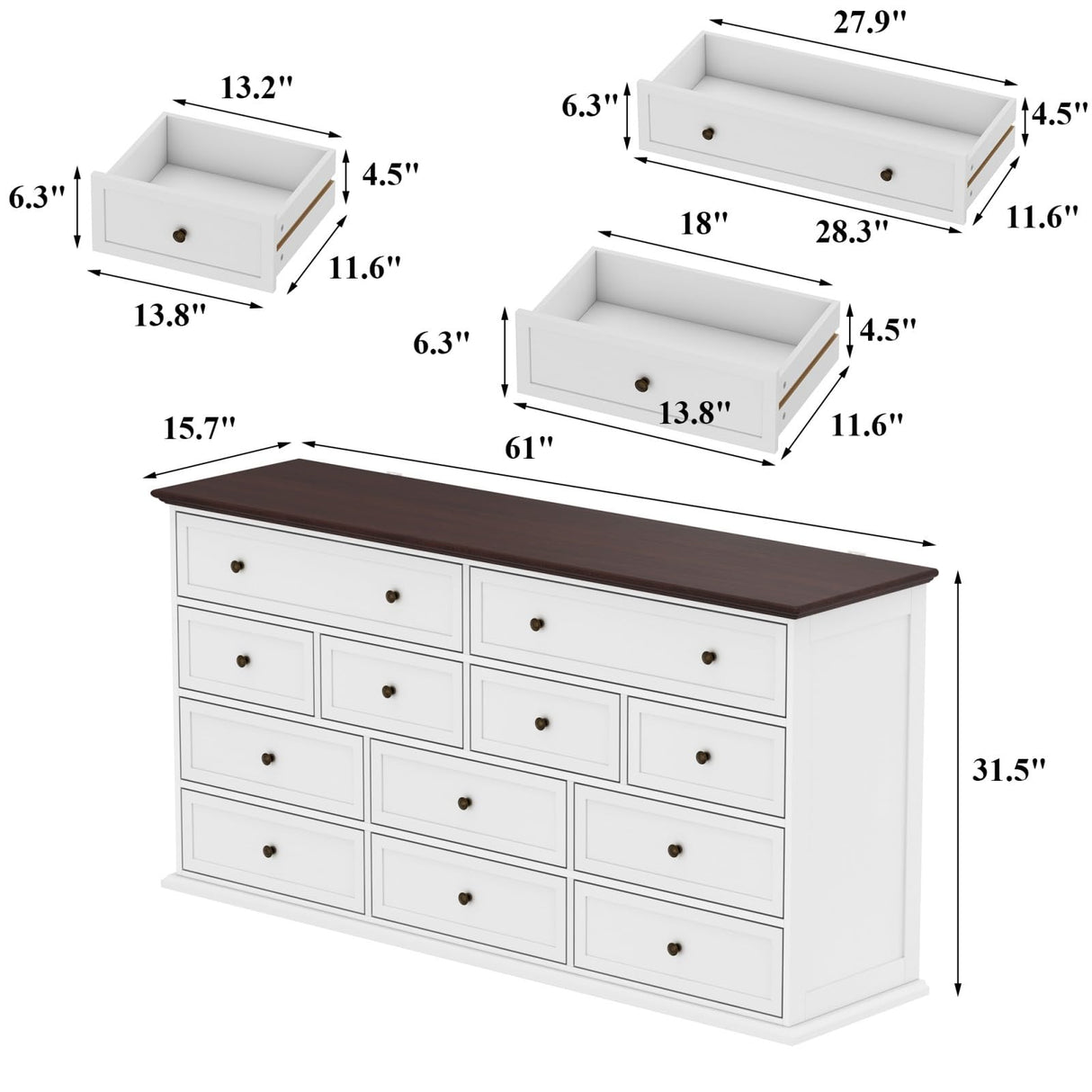 TAMUNE 12 Drawer Dresser Chest of Drawers, White Dresser for Bedroom, Retro Wood Dressers with 12 Drawers, for Living Room Bedroom Hallway, White and Brown 15.7”D x 61”W x 31.5”H TAMUNE