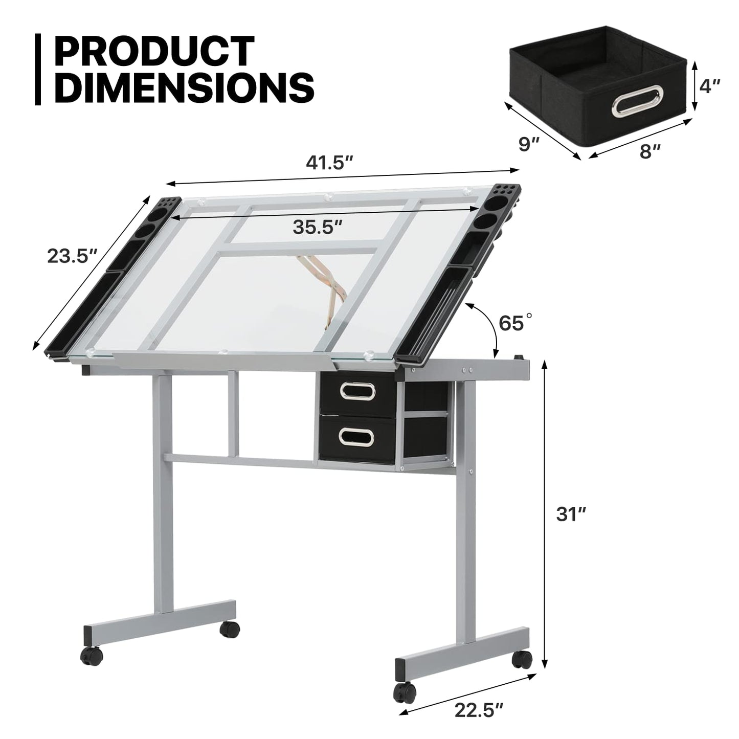 MoNiBloom Drafting Table on Wheels with Storage & Side Tray - Adjustable 0-65° Glass Tabletop, Replaceable Feet Art Desk - WoodArtSupply