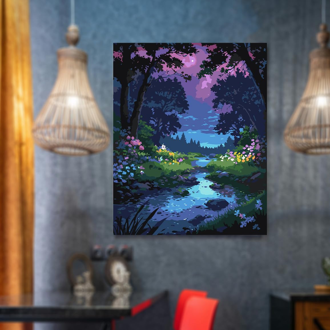 Lovepefe Forest Rivulet Paint by Numbers Kit for Adults, Paint by Number Kits for Beginner Acrylic On Canvas Forest Night Oil Painting Kit Adults Kits for Gift Home Wall Decor 16x20 Inch Lovepefe