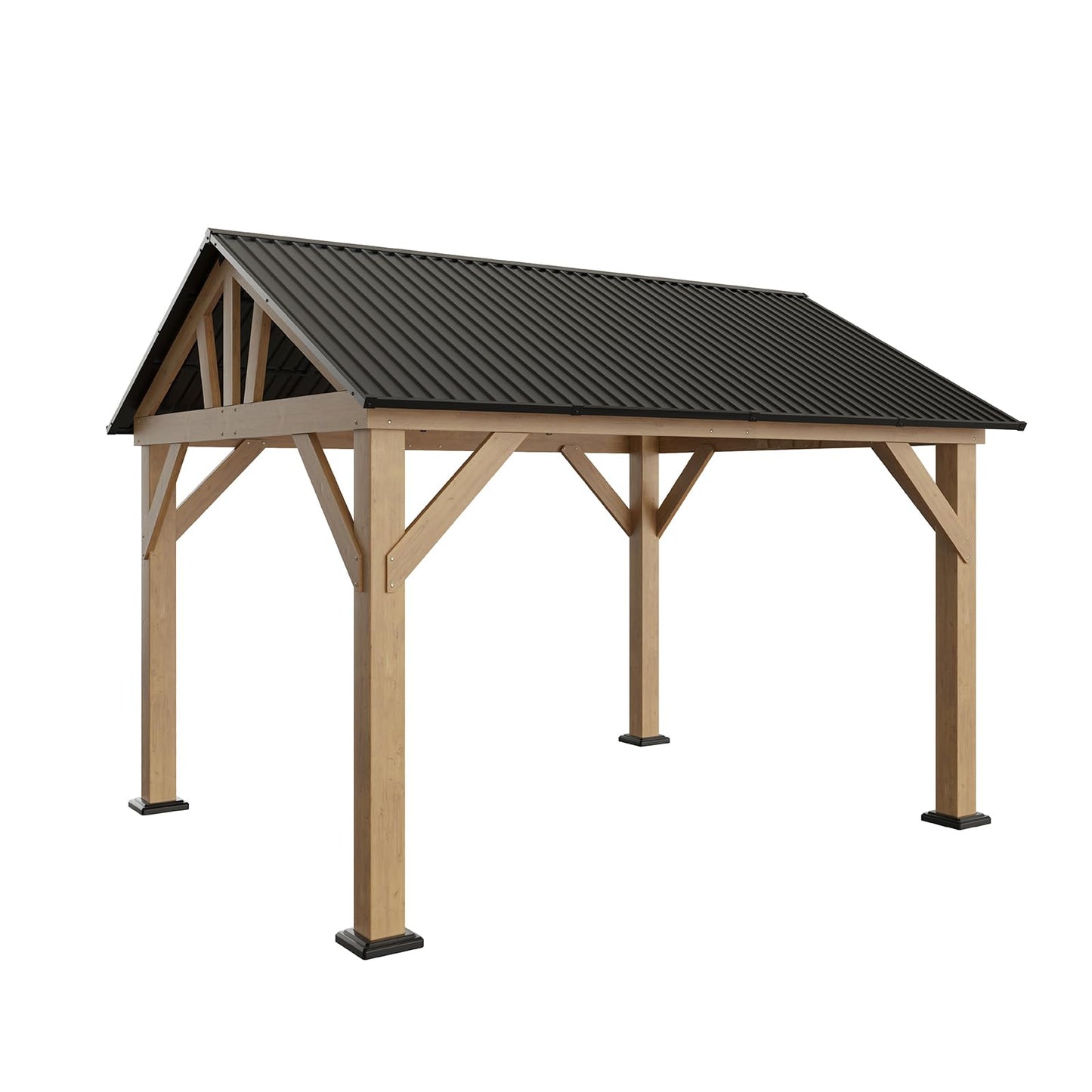 AMERLIFE 10x12 ft Wood Gazebo, Hardtop Gazebo with Metal Steel Gable Roof, Outdoor Gazebo with Guest House for Garden, Porch, Patio, Black + Natural Wood - WoodArtSupply