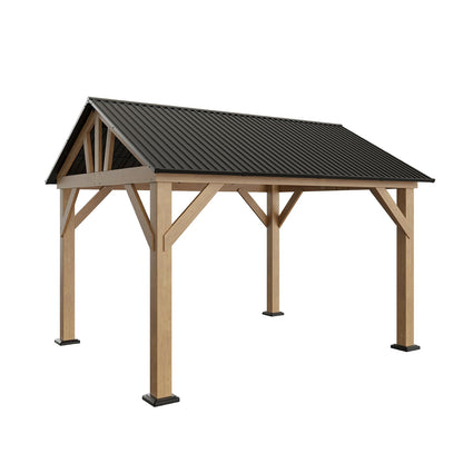 AMERLIFE 10x12 ft Wood Gazebo, Hardtop Gazebo with Metal Steel Gable Roof, Outdoor Gazebo with Guest House for Garden, Porch, Patio, Black + Natural Wood - WoodArtSupply