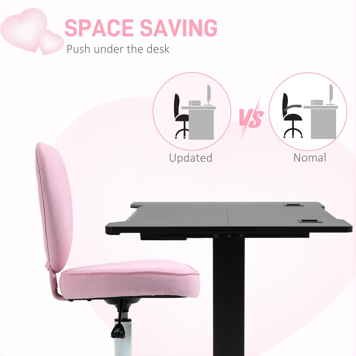 HOMCOM Armless Home Office Desk Chair, Modern Fabric Makeup Vanity Chair with Heart Shape, Swivel Wheels, Height Adjustable, Pink HOMCOM