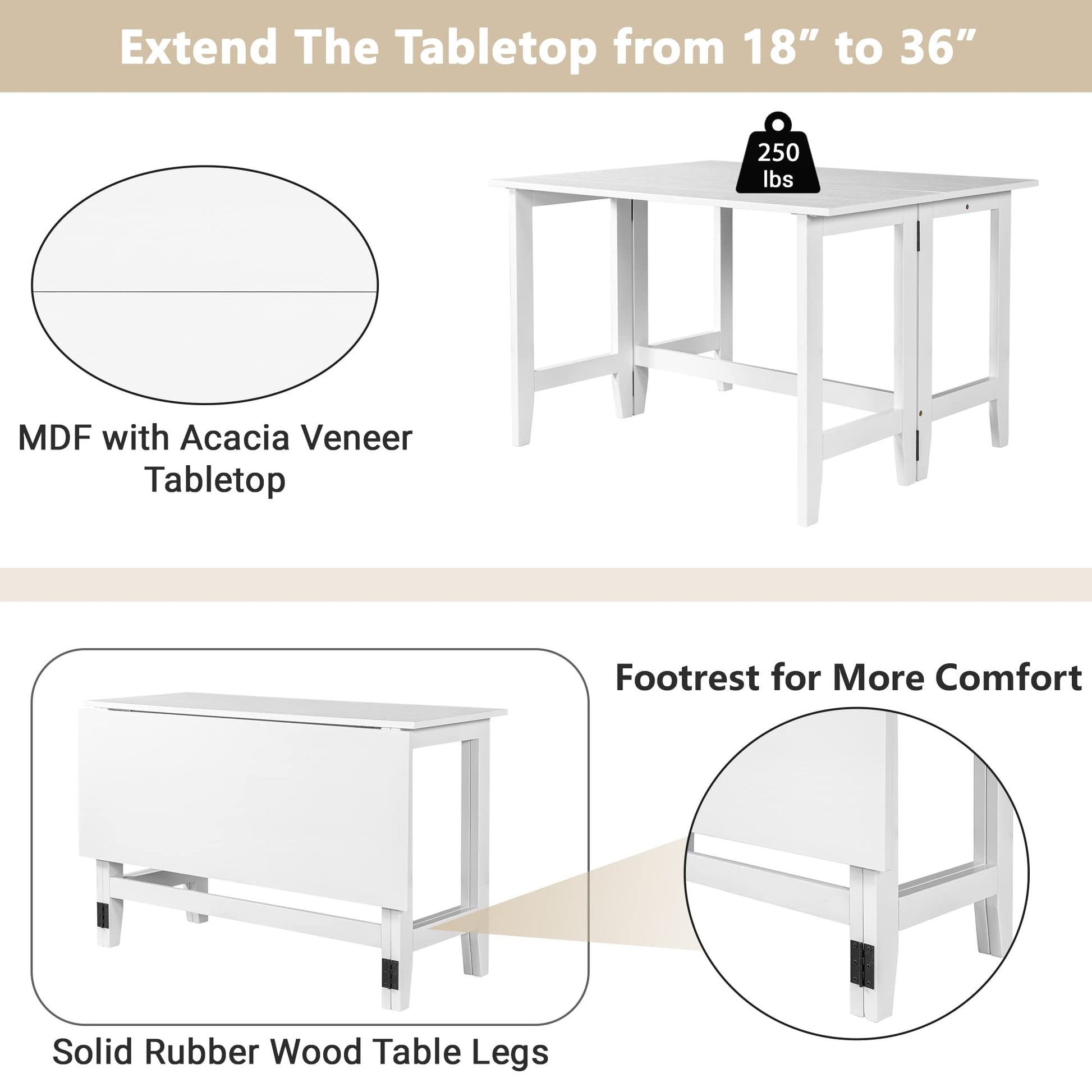 Knocbel Farmhouse 2-4 Person Rectangular Folding Dining Table, Wooden Kitchen Dining Room Bar Pub Bistro Small Space Furniture, Standard Height (White) - WoodArtSupply