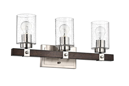 3-Light Brushed Nickel and Wood Vanity Light with Seedy Glass, Farmhouse Wall Sconces Bathroom Light Fixture for Living Room Bathroom - WoodArtSupply