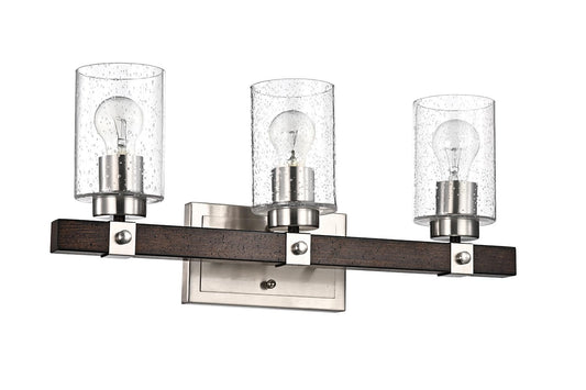 3-Light Brushed Nickel and Wood Vanity Light with Seedy Glass, Farmhouse Wall Sconces Bathroom Light Fixture for Living Room Bathroom - WoodArtSupply