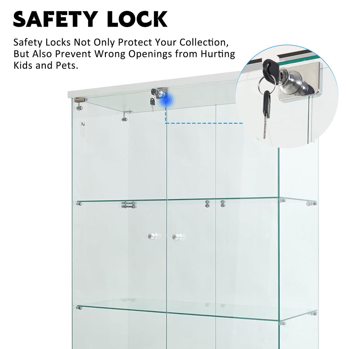 Glass Display Case for Collectibles, Double Door 4 Shelves Lockable Curio Cabinet with LED Lights, Clear Tempered Glass Showcase Cabinet for Home Office Retail Store,13.5" D x 31" W x 65" H,White Fetuero