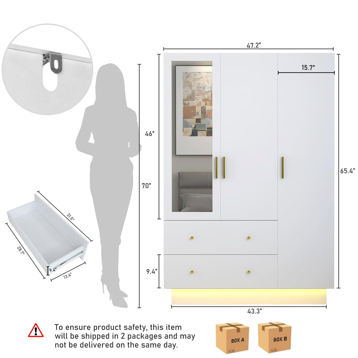 jiteentarou 3 Door Wardrobe Closet with Mirror & LED Lights, Bedroom Armoire with Drawers & Shelves, Modern Wooden Armoire Wardrobe Closet with Hanging Rod for Bedroom, White jiteentarou