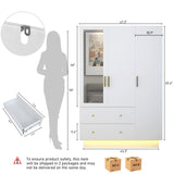 jiteentarou 3 Door Wardrobe Closet with Mirror & LED Lights, Bedroom Armoire with Drawers & Shelves, Modern Wooden Armoire Wardrobe Closet with Hanging Rod for Bedroom, White jiteentarou