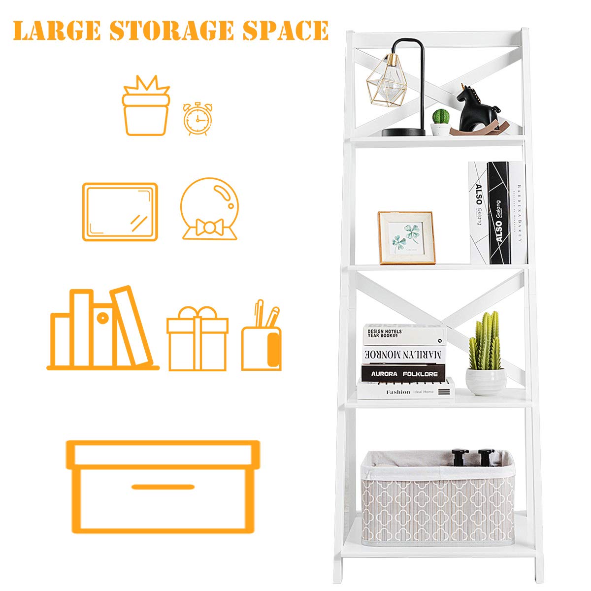 Tangkula 4-Tier Ladder Shelf Bookcase Leaning Free Standing Wooden Frame Decor Bookshelf Storage Flower Shelf Plant Display Shelf for Home Office (White, 1) Tangkula