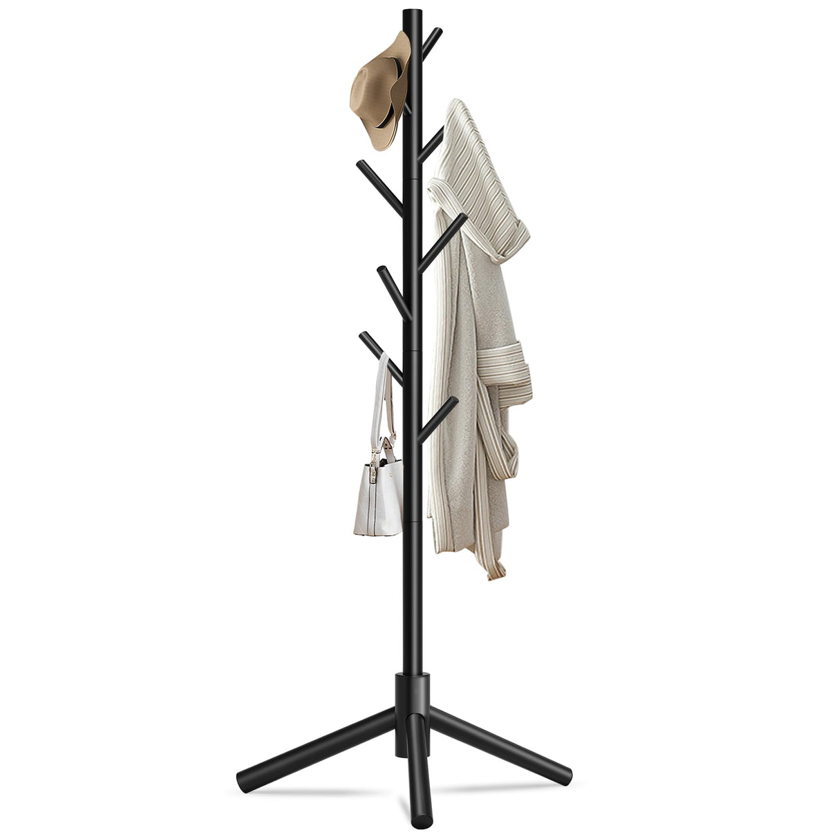 Unisakey Durable Wooden Coat Rack Stand(New Black), Freestanding Coat Rack with Stable Triangular Base, 8 Hooks & 3 Adjustable Heights, Simple Assembly for Bedroom, Hallway, Office Unisakey