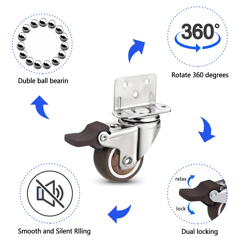 Heavy Duty Casters Set of 4 with Brake,L-Shape Side Mount TPR Plate Caster Wheels Replacement for Baby Bed, Carts Trolley, Kitchen Cabinet, Furniture, Table, Loading Capacity 80 Lbs (1” L-Shape) Molen