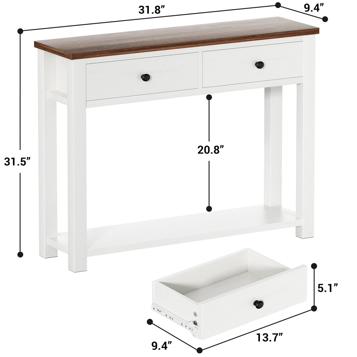 Homieasy Farmhouse Console Table with 2 Drawers, 32 Inch Small Sofa Table with Storage Shelf for Living Room, Behind Couch, Entryway Table for Hallway, Living Room, or Foyer, Rustic Brown and White Homieasy