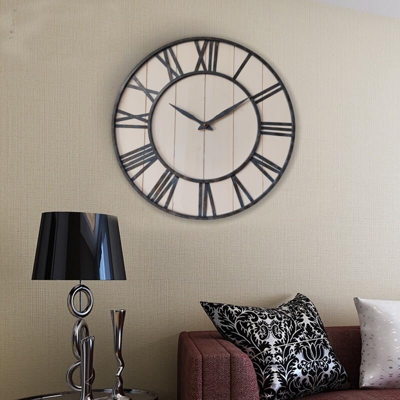 Evursua 20 Inch Large Metal&Wood Wall Clocks Modern Rustic Blend Farmhouse Clocks Distressed Real Wood Handmade Clock for Living Room Decor Home Wall Hanging Accessories Oversized Evursua