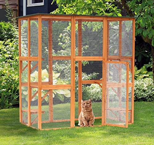PawHut Outdoor Cat House Big Catio Wooden Feral Cat Shelter Enclosure with Large Spacious Interior, 6 High Ledges, Weather Protection Asphalt Roof, 71" L, Orange