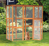PawHut Outdoor Cat House Big Catio Wooden Feral Cat Shelter Enclosure with Large Spacious Interior, 6 High Ledges, Weather Protection Asphalt Roof, 71" L, Orange PawHut