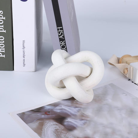 Prettyui Wood Knot Decor, Small 3-Link Wood Chain Link Coffee Table Decor, Hand Carved Modern Boho Decorative Wood Knot for Farmhouse Living Room Shelf (White) Prettyui