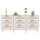 UEV Rattan 9 Drawer Triple Dresser for Bedroom,63" White Dresser TV Stand for TVs up to 75",Wide Chest of Drawers,Large Storage Long Dresser with Modern Rattan Drawers for Living Room UEV