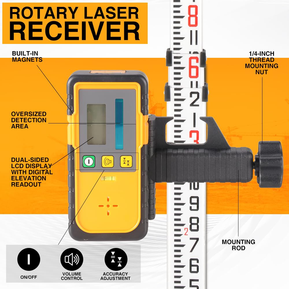 MOUNTLASER Digital Rotary Laser Receiver with Dual Display and Built-In Bubble Level, Compatible with All Red Rotary Lasers - Rod Clamp Included (Green Beam-RD-FT-G) - WoodArtSupply